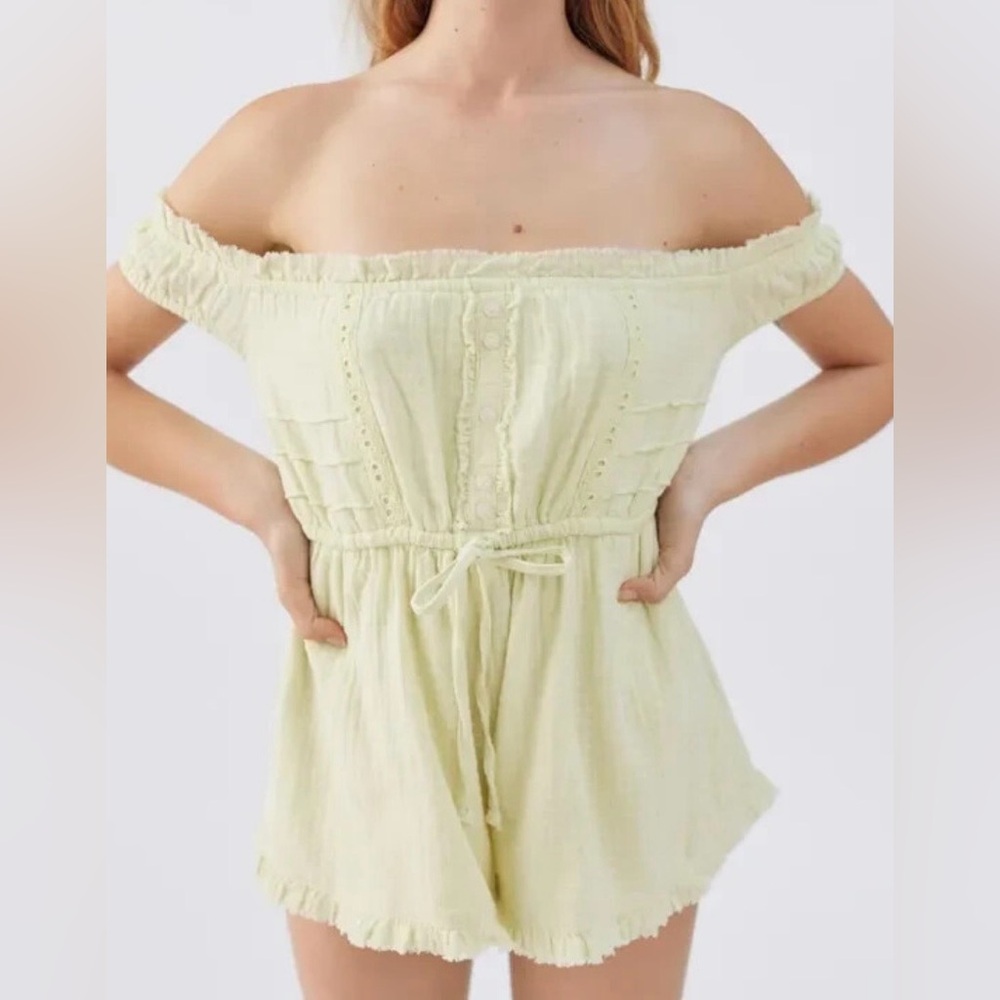 Urban Outfitters Off-Shoulder Drawstring Romper in Light Yellow